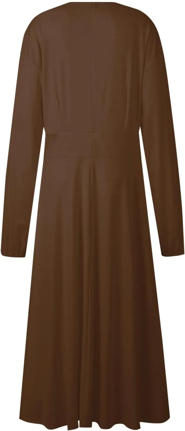 Spring Dresses for Women 2025,Women's 2025 Midi Dress Casual Long Sleeve V Neck Solid Color A Line Flowy Dresses