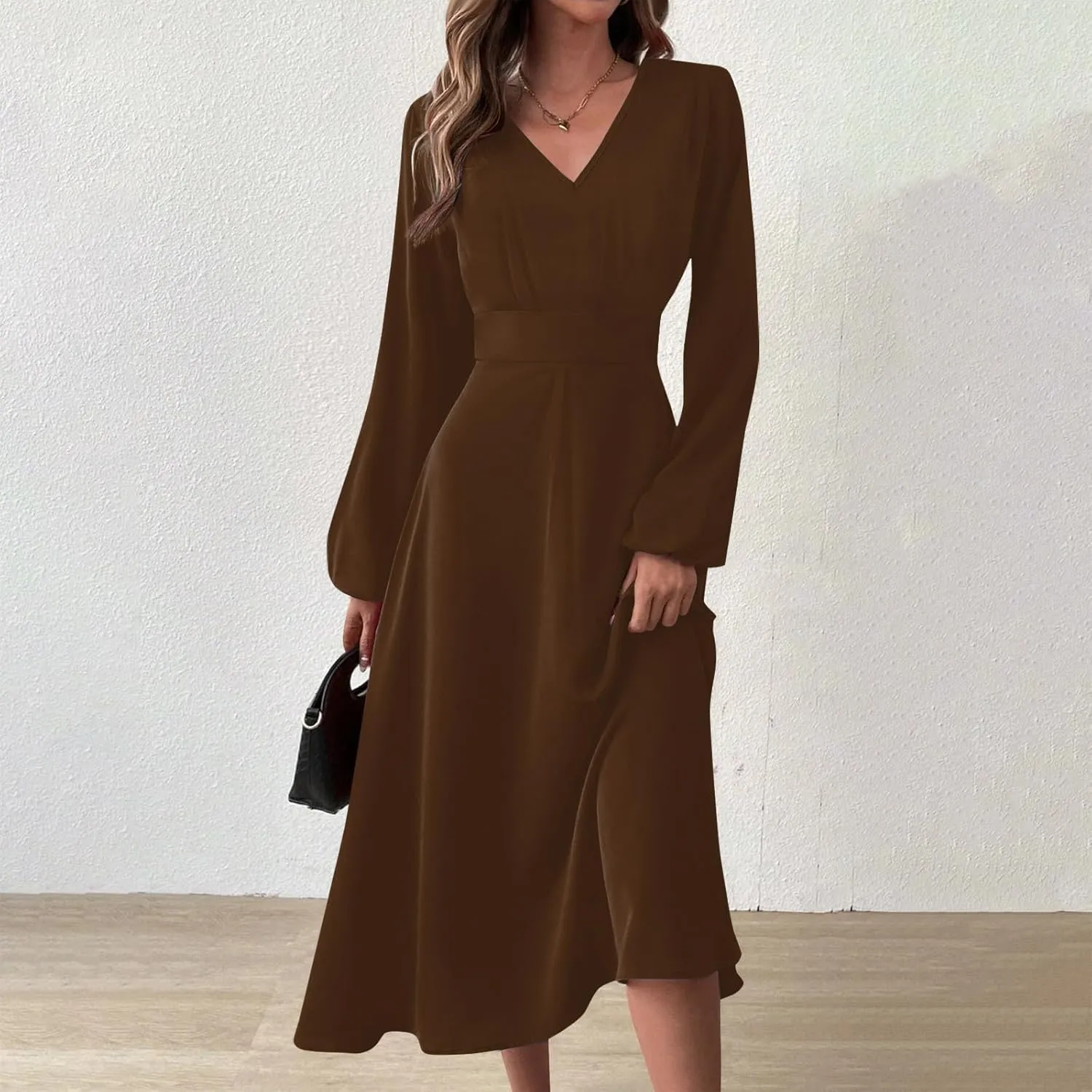 Spring Dresses for Women 2025,Women's 2025 Midi Dress Casual Long Sleeve V Neck Solid Color A Line Flowy Dresses