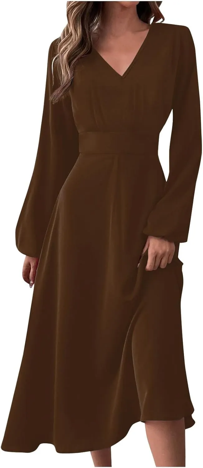 Spring Dresses for Women 2025,Women's 2025 Midi Dress Casual Long Sleeve V Neck Solid Color A Line Flowy Dresses