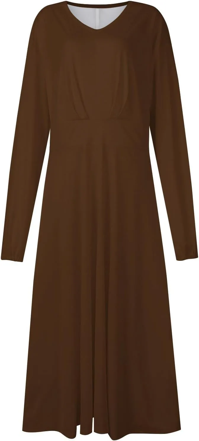 Spring Dresses for Women 2025,Women's 2025 Midi Dress Casual Long Sleeve V Neck Solid Color A Line Flowy Dresses