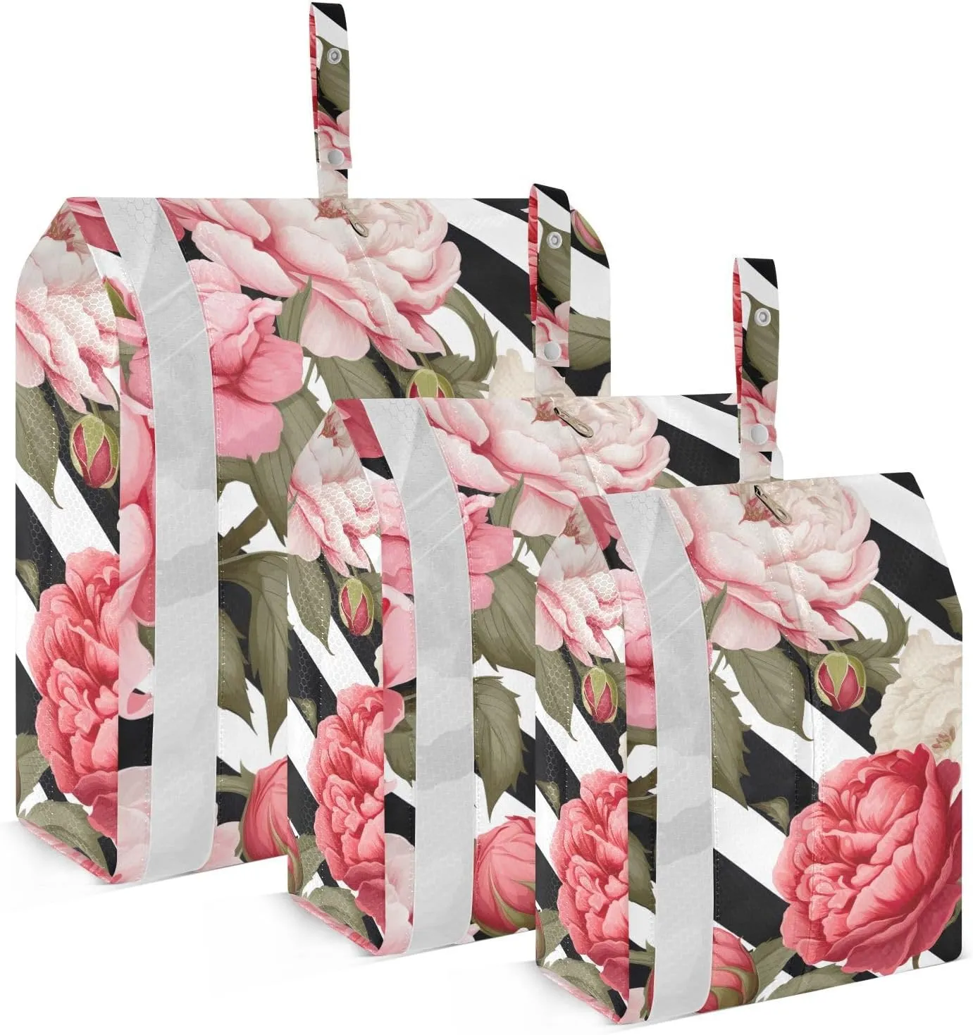SPRIPORT Black White Striped Rose Peony 3 Set Compression Packing Cubes for Travel Lightweight Luggage Organizer Bags for Carry on Suitcase Travel Cubes for Man Woman Clothes