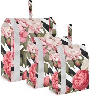 SPRIPORT Black White Striped Rose Peony 3 Set Compression Packing Cubes for Travel Lightweight Luggage Organizer Bags for Carry on Suitcase Travel Cubes for Man Woman Clothes