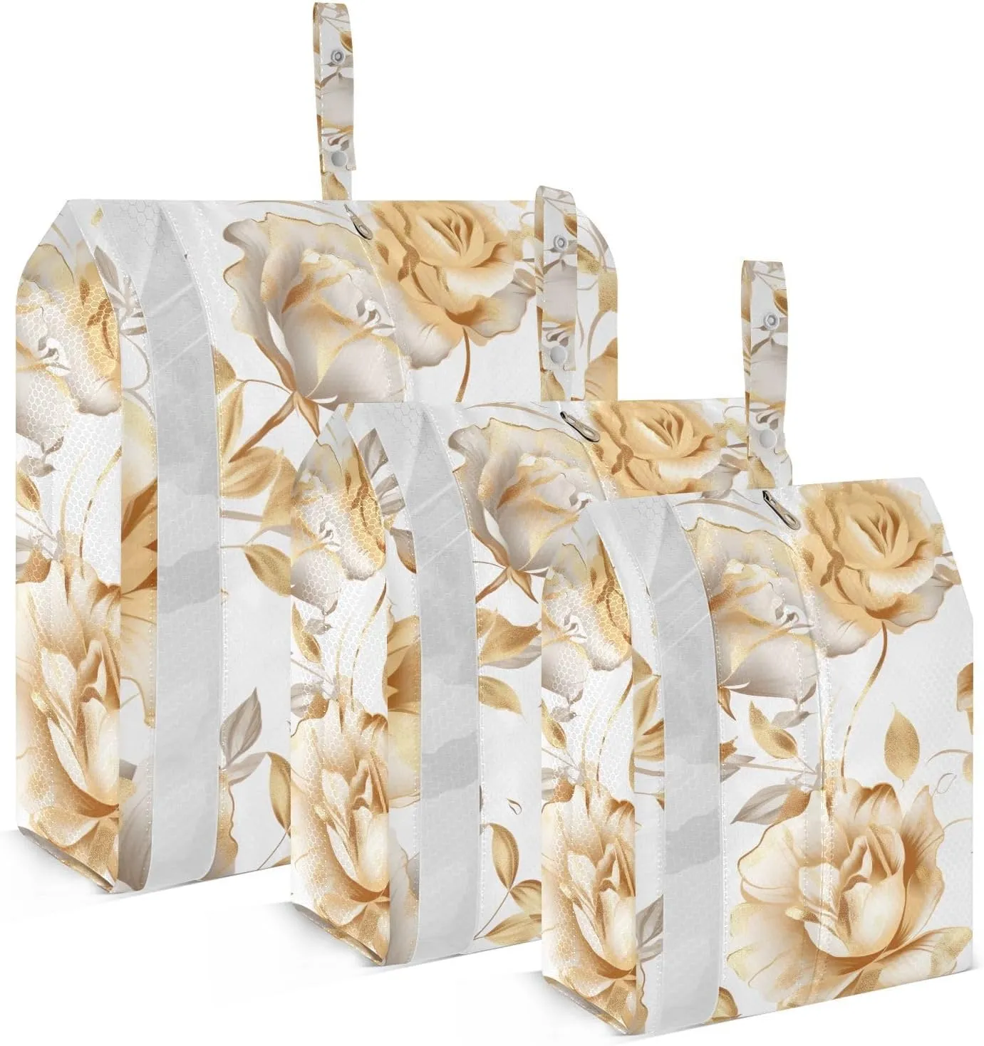 SPRIPORT Golden Roses Leaves 3 Set Compression Packing Cubes for Travel Lightweight Luggage Organizer Bags for Carry on Suitcase Luggage Cubes for Man Woman Vacation Clothes