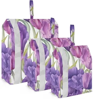 SPRIPORT Tulips Flowers Purple Leaves 3 Set Compression Packing Cubes for Travel Lightweight Luggage Organizer Bags for Carry on Suitcase Luggage Cubes for Man Woman Vacation Clothes