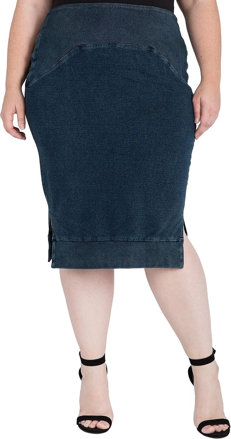 Standards & Practices Plus Size Modern Womens Side Slit Indigo Knit Pencil Skirt