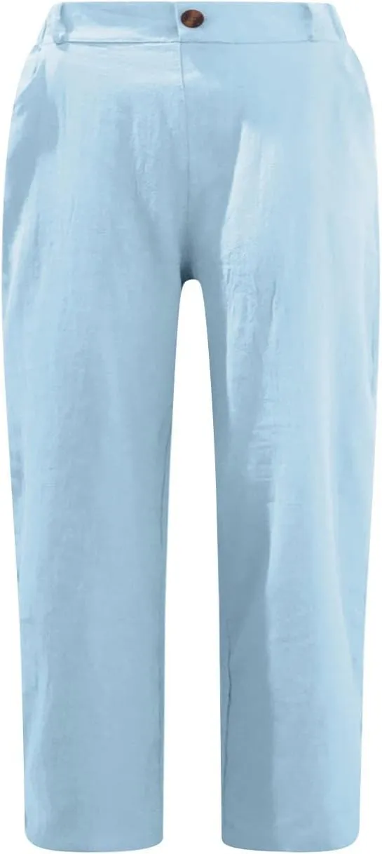 Stessotudo Capris for Women Summer Casual Elastic High Waist Linen Pants with Pockets Wide Cropped Leg Loose Trousers 2023