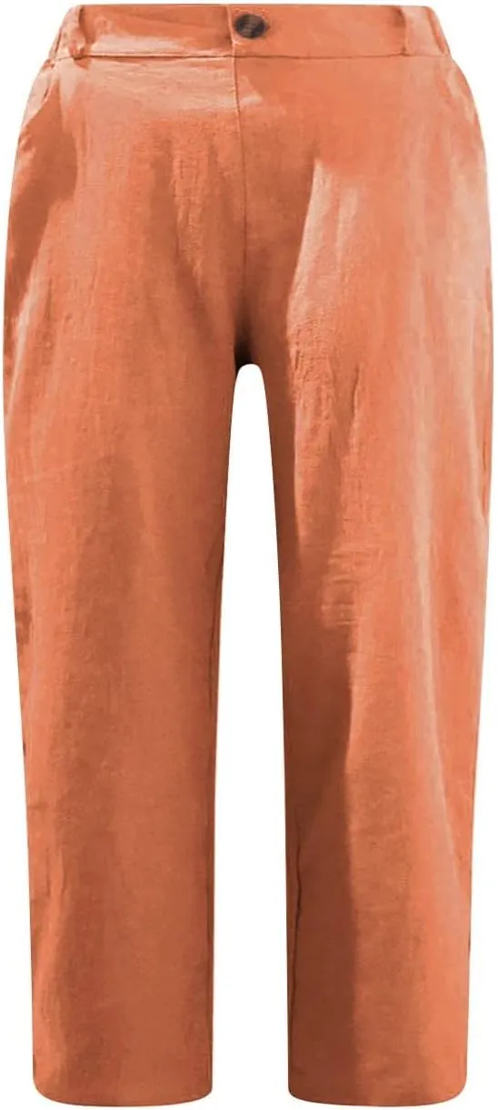 Stessotudo Capris for Women Summer Casual Elastic High Waist Linen Pants with Pockets Wide Cropped Leg Loose Trousers 2023