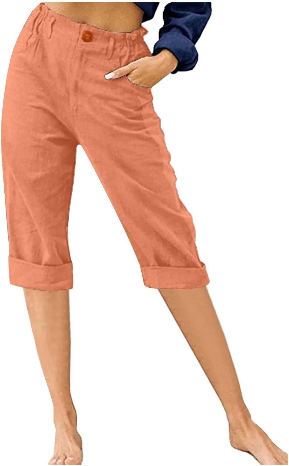 Stessotudo Capris for Women Summer Casual Elastic High Waist Linen Pants with Pockets Wide Cropped Leg Loose Trousers 2023