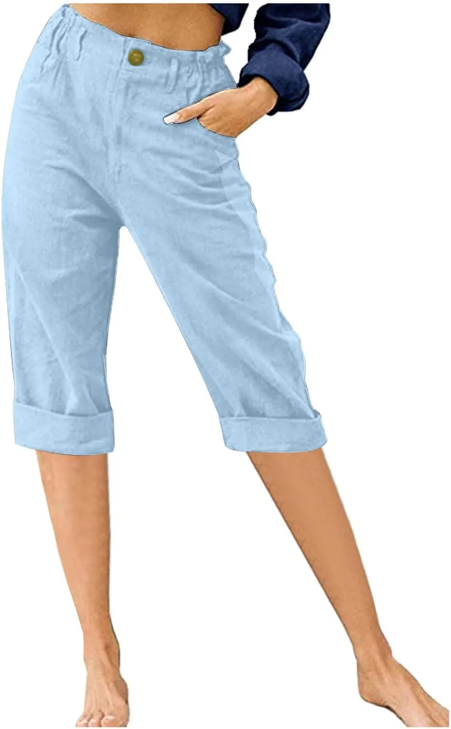 Stessotudo Capris for Women Summer Casual Elastic High Waist Linen Pants with Pockets Wide Cropped Leg Loose Trousers 2023