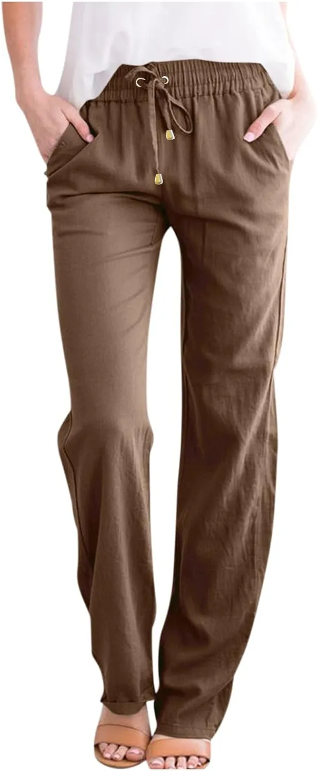 Straight Leg Linen Pants Women Drawstring Elastic High Waisted Pants Casual Lightweight Summer Pants Linen Trousers