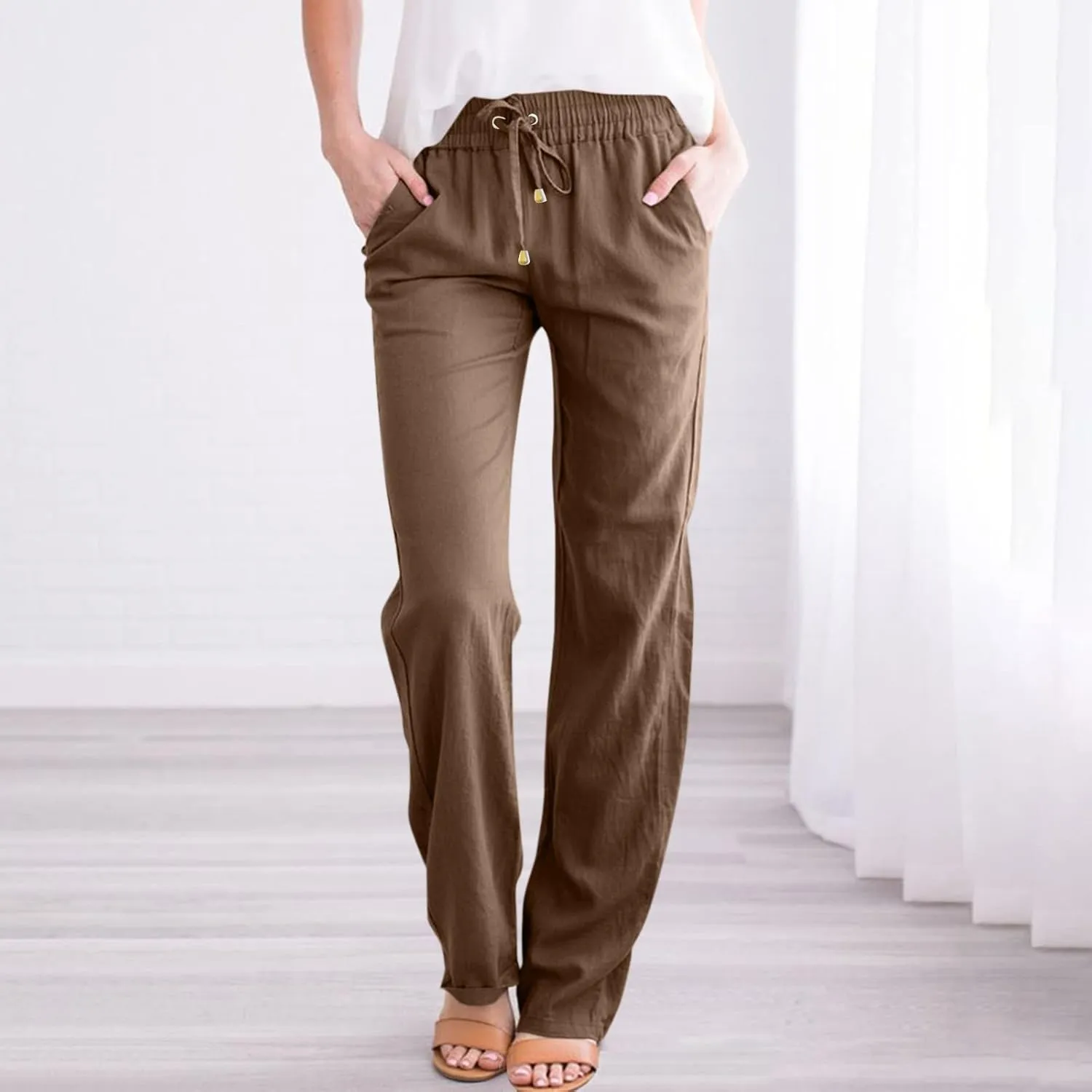 Straight Leg Linen Pants Women Drawstring Elastic High Waisted Pants Casual Lightweight Summer Pants Linen Trousers