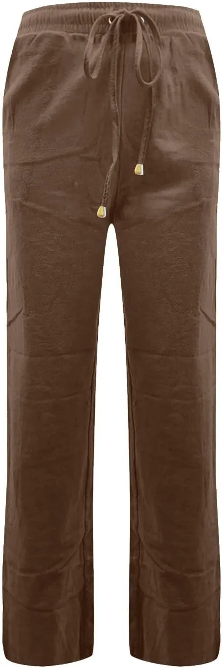 Straight Leg Linen Pants Women Drawstring Elastic High Waisted Pants Casual Lightweight Summer Pants Linen Trousers