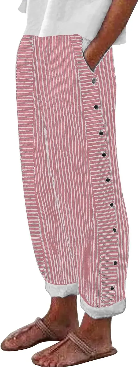 Striped Linen Pants for Women 2025, Trendy Spring Summer Casual Pants High Waist Straight Leg Trousers with Pockets