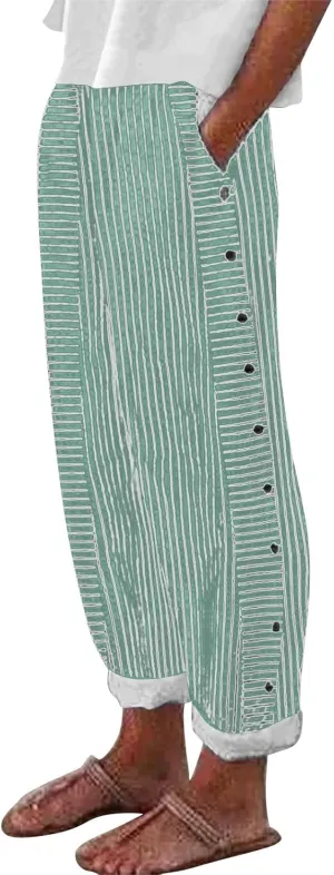 Striped Linen Pants for Women 2025, Trendy Spring Summer Casual Pants High Waist Straight Leg Trousers with Pockets