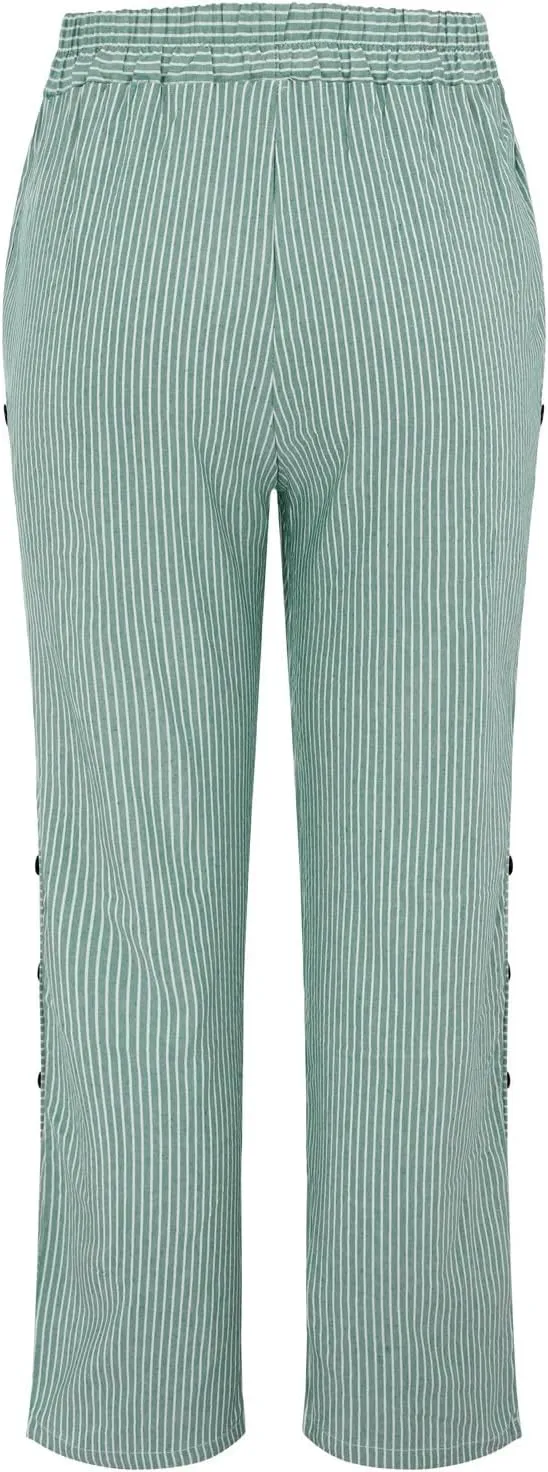 Striped Linen Pants for Women 2025, Trendy Spring Summer Casual Pants High Waist Straight Leg Trousers with Pockets