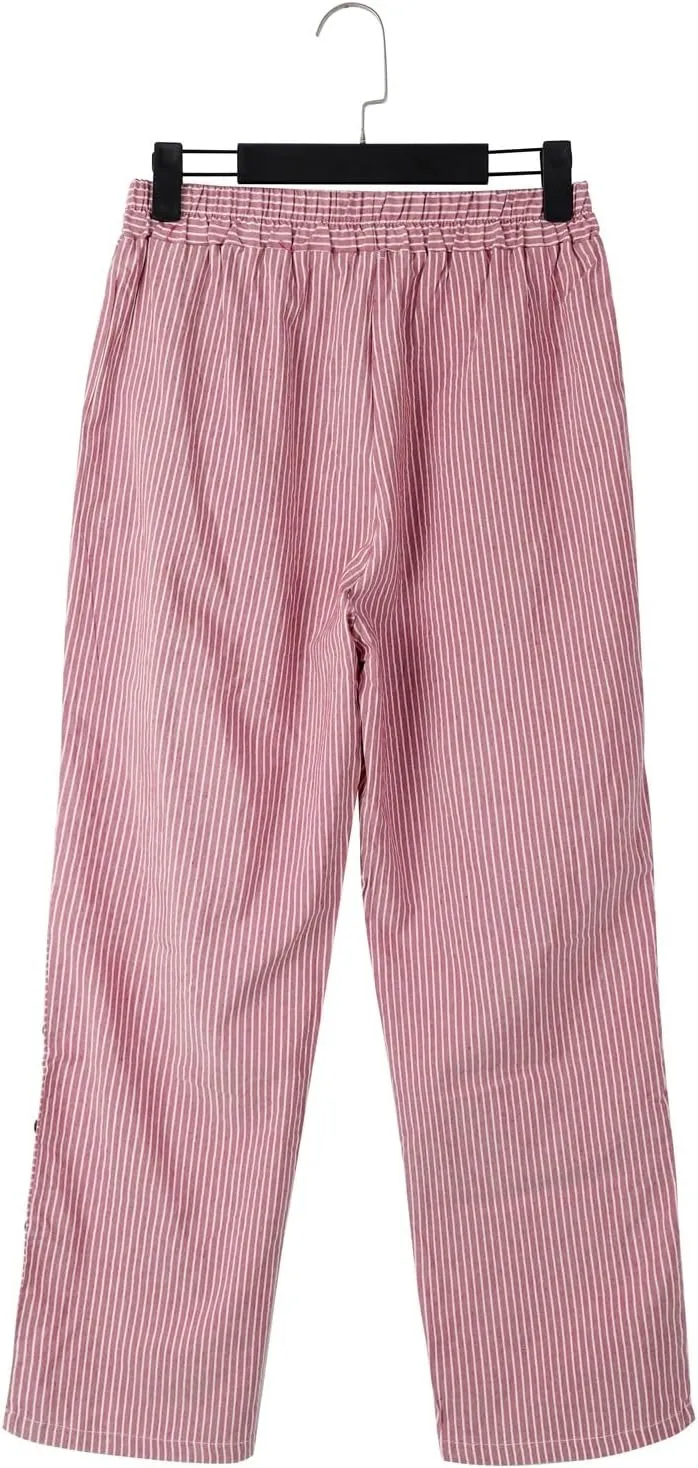 Striped Linen Pants for Women 2025, Trendy Spring Summer Casual Pants High Waist Straight Leg Trousers with Pockets