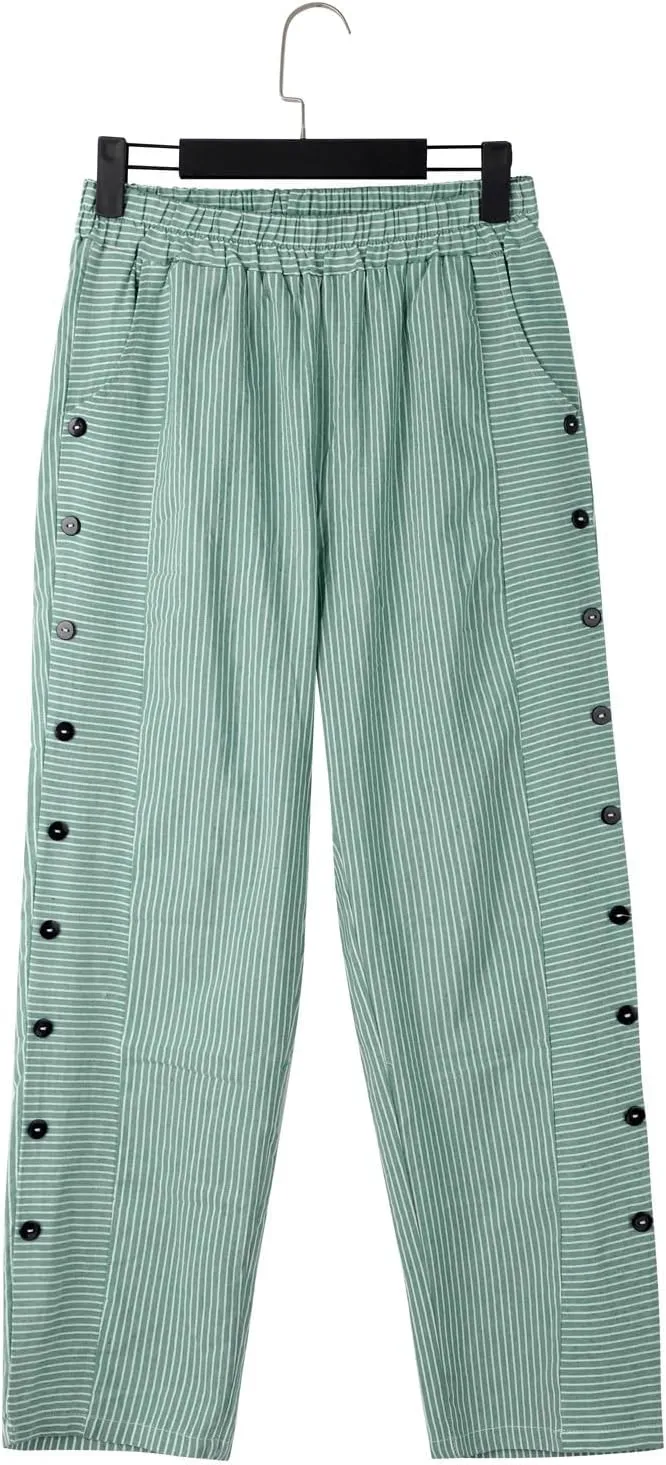 Striped Linen Pants for Women 2025, Trendy Spring Summer Casual Pants High Waist Straight Leg Trousers with Pockets