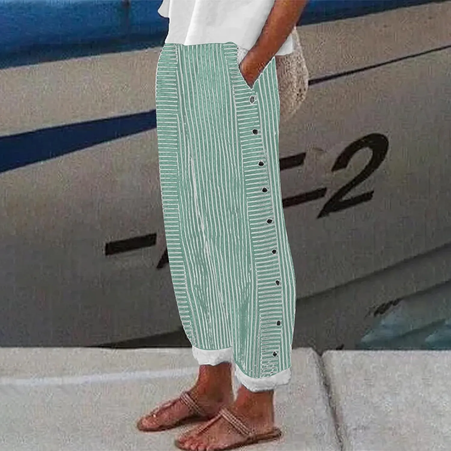 Striped Linen Pants for Women 2025, Trendy Spring Summer Casual Pants High Waist Straight Leg Trousers with Pockets