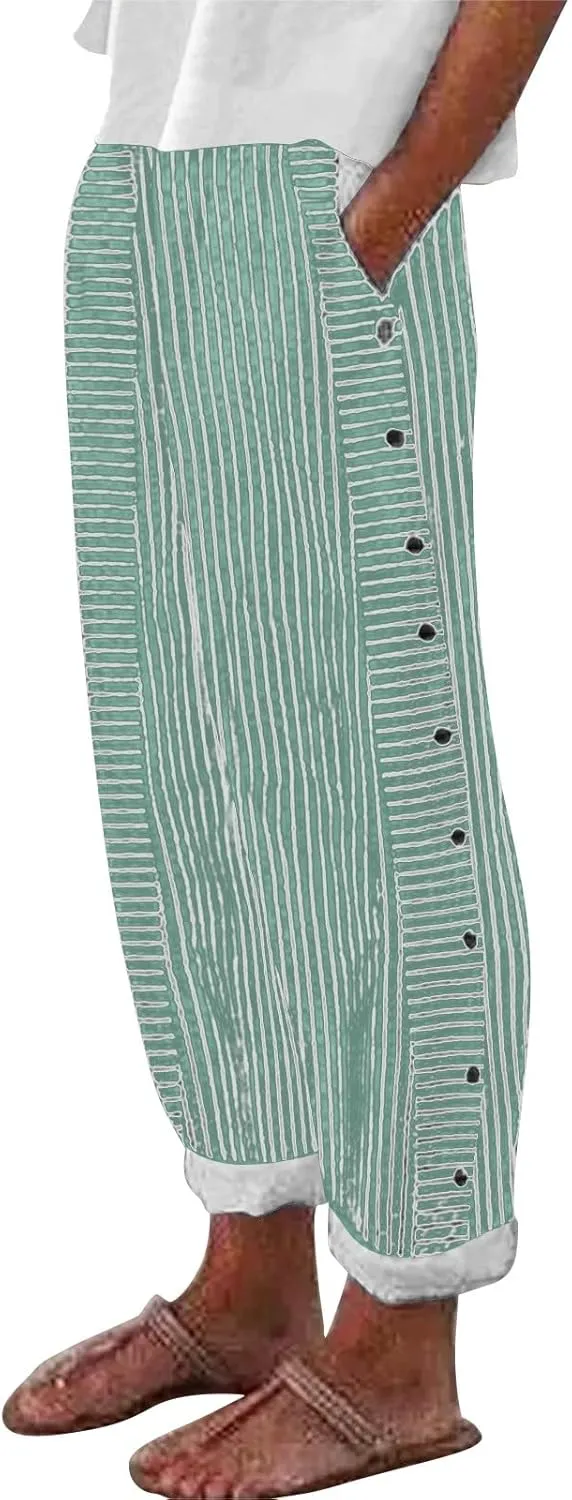 Striped Linen Pants for Women 2025, Trendy Spring Summer Casual Pants High Waist Straight Leg Trousers with Pockets