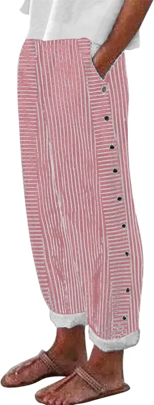 Striped Linen Pants for Women 2025, Trendy Spring Summer Casual Pants High Waist Straight Leg Trousers with Pockets