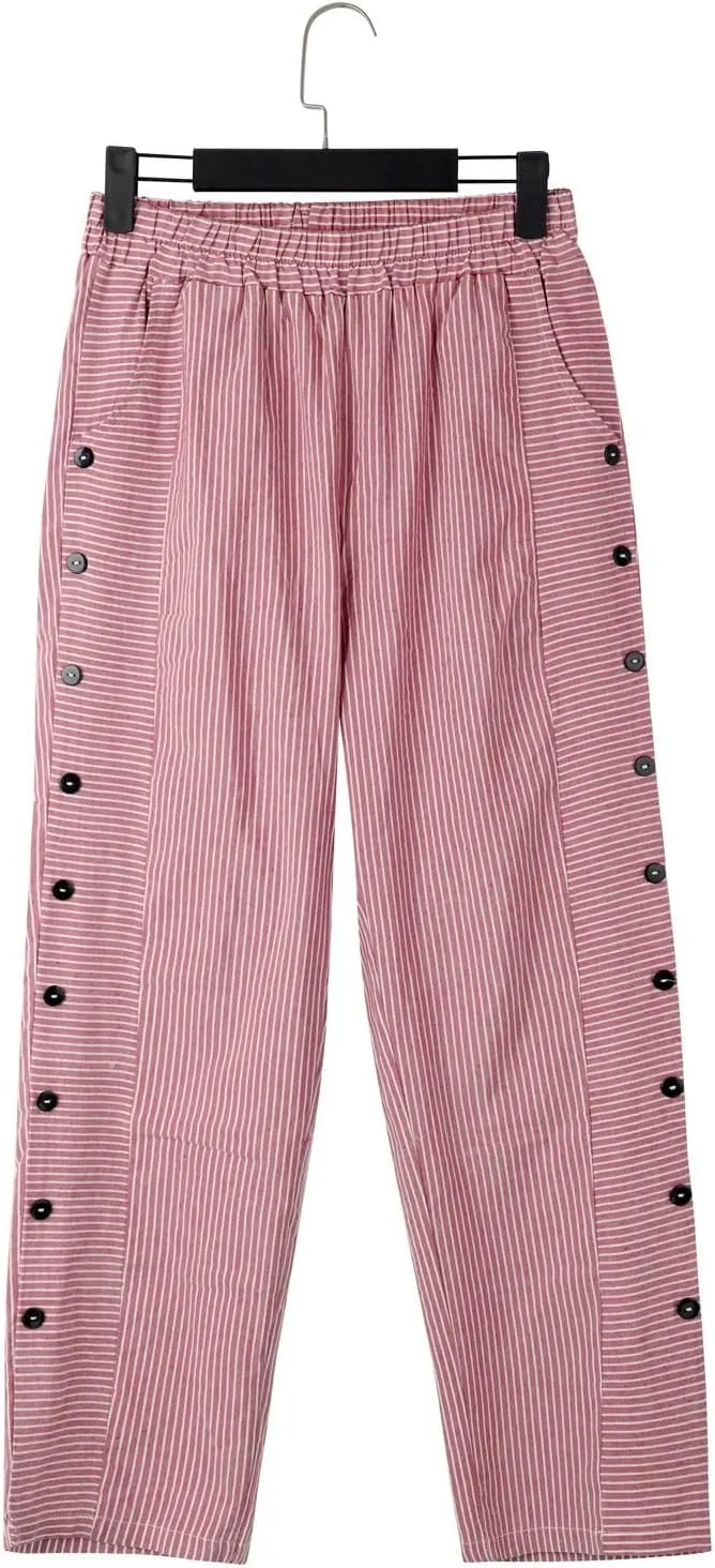 Striped Linen Pants for Women 2025, Trendy Spring Summer Casual Pants High Waist Straight Leg Trousers with Pockets