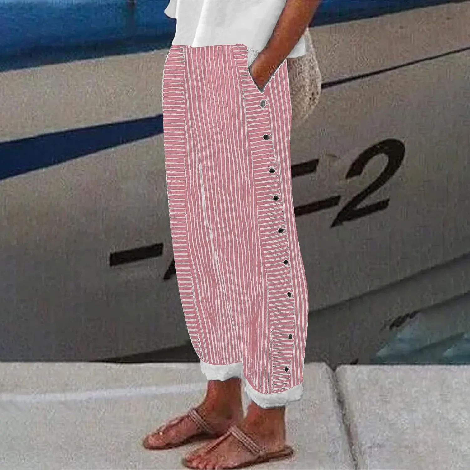 Striped Linen Pants for Women 2025, Trendy Spring Summer Casual Pants High Waist Straight Leg Trousers with Pockets