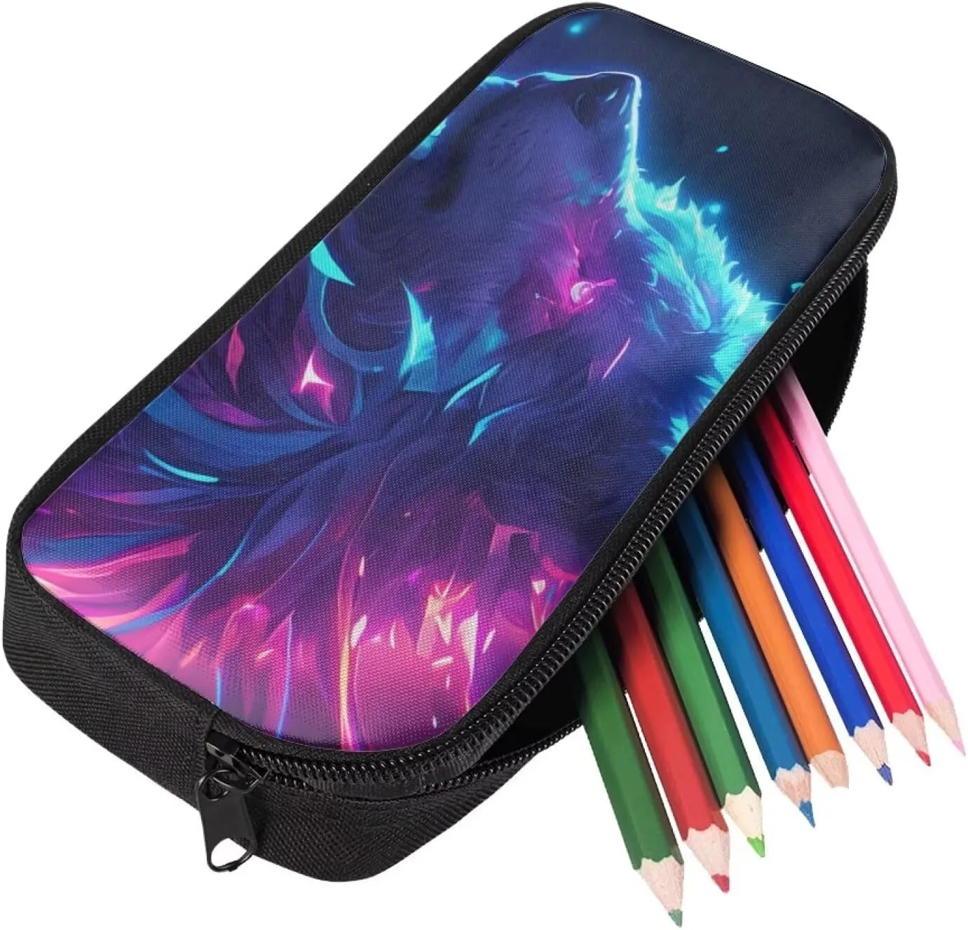 Student Backpack Kit  17in Large Bookbag with Front Zipper Pocket, Insulated Lunch Tote (9 x 7 inch), Pencil Case with Pen Slots, Fit for High School & College, Cool Wolf Side Face Print
