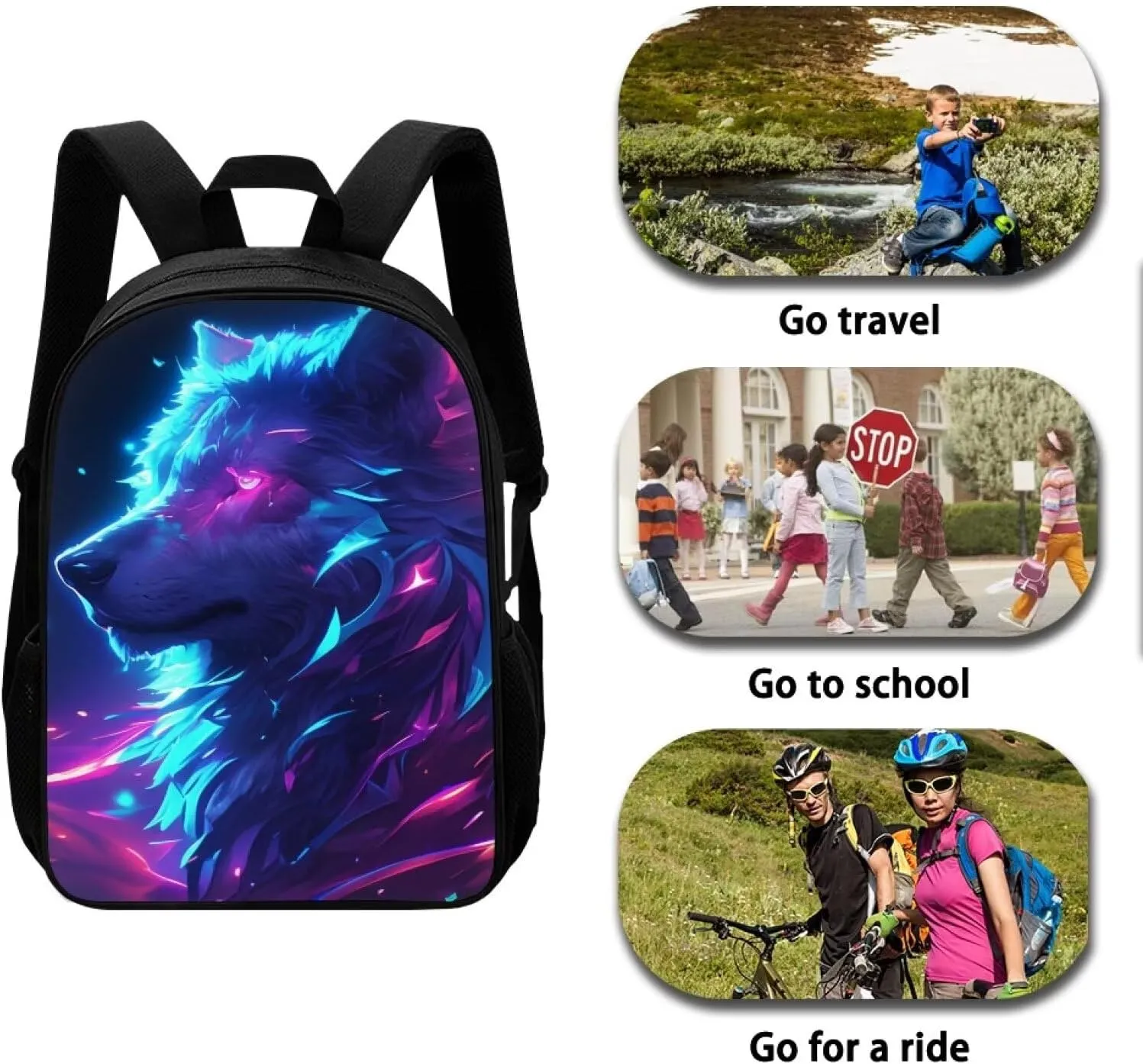 Student Backpack Kit  17in Large Bookbag with Front Zipper Pocket, Insulated Lunch Tote (9 x 7 inch), Pencil Case with Pen Slots, Fit for High School & College, Cool Wolf Side Face Print