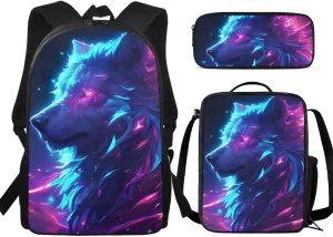 Student Backpack Kit  17in Large Bookbag with Front Zipper Pocket, Insulated Lunch Tote (9 x 7 inch), Pencil Case with Pen Slots, Fit for High School & College, Cool Wolf Side Face Print