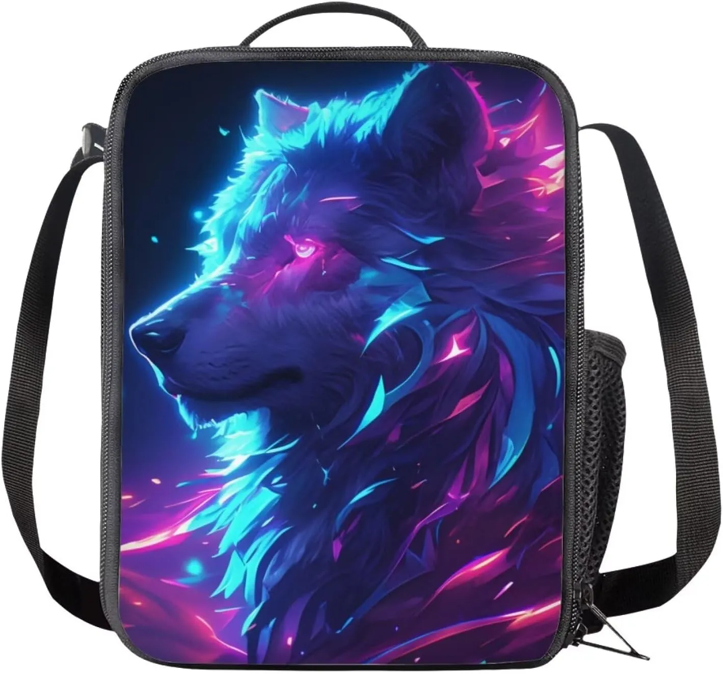 Student Backpack Kit  17in Large Bookbag with Front Zipper Pocket, Insulated Lunch Tote (9 x 7 inch), Pencil Case with Pen Slots, Fit for High School & College, Cool Wolf Side Face Print