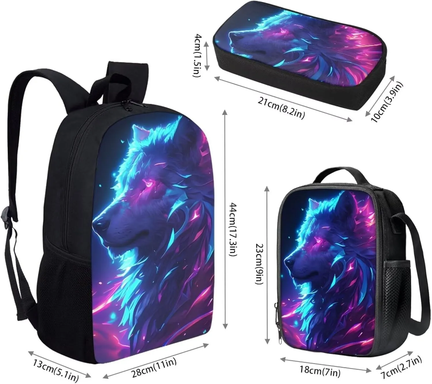 Student Backpack Kit  17in Large Bookbag with Front Zipper Pocket, Insulated Lunch Tote (9 x 7 inch), Pencil Case with Pen Slots, Fit for High School & College, Cool Wolf Side Face Print