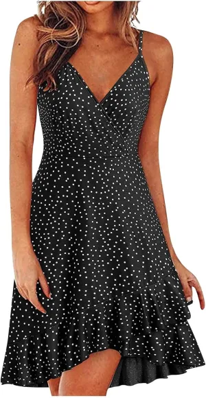Summer Bohemian Women Dress Deep V Neck Mini Short Backless Beach Boho Spaghetti Strap Sleeveless Vacation Sundress