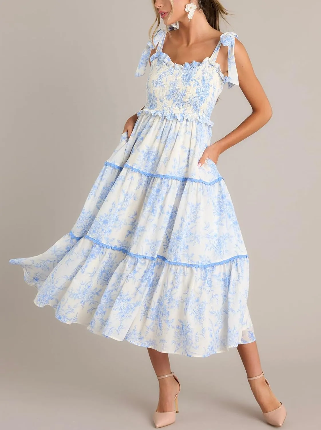 Summer Boho Tie Shoulder Dress for Women 2025 Y2k Sleeveless Floral Smocked Tiered Flowy Maxi Dress Beach Sundress