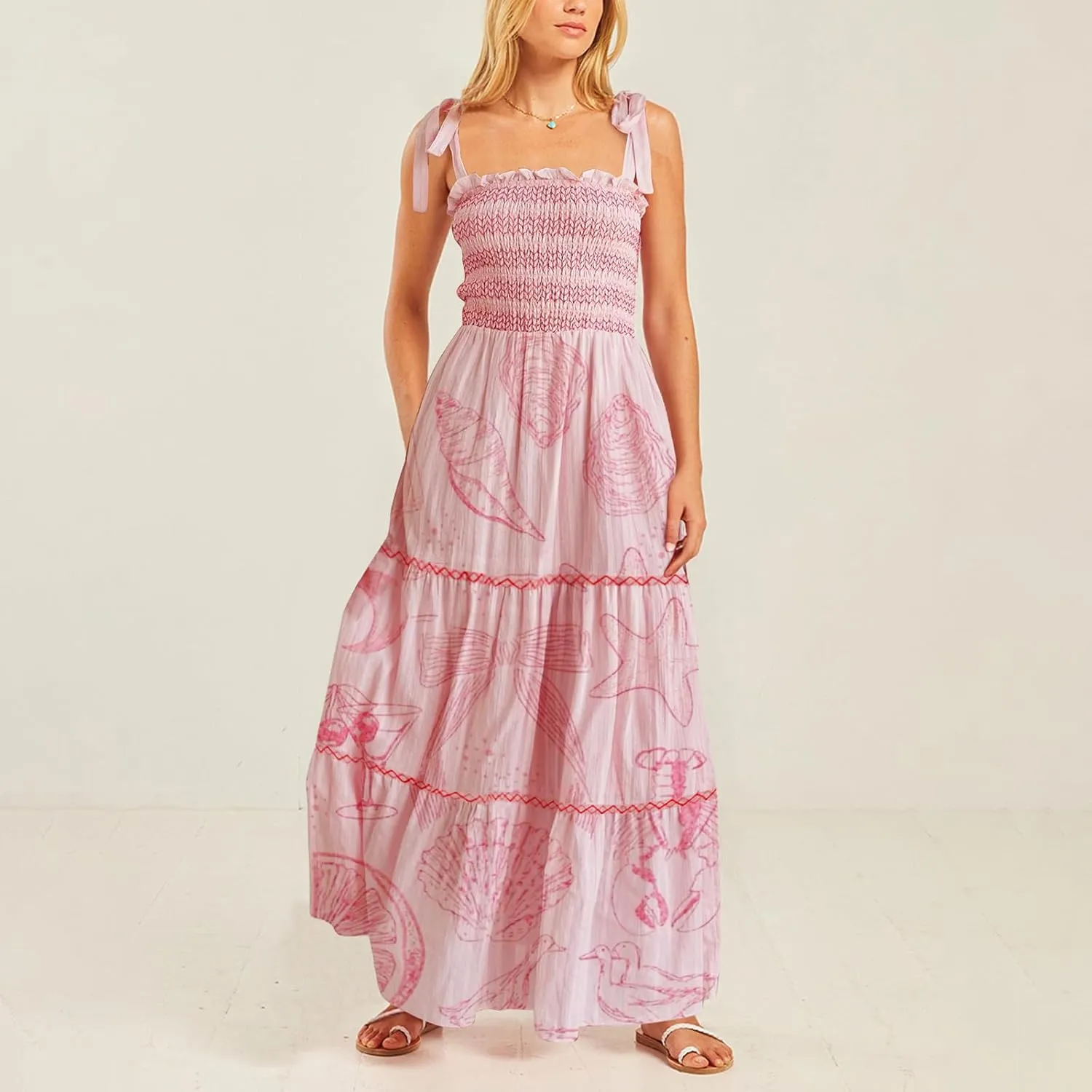 Summer Boho Tie Shoulder Dress for Women 2025 Y2k Sleeveless Floral Smocked Tiered Flowy Maxi Dress Beach Sundress