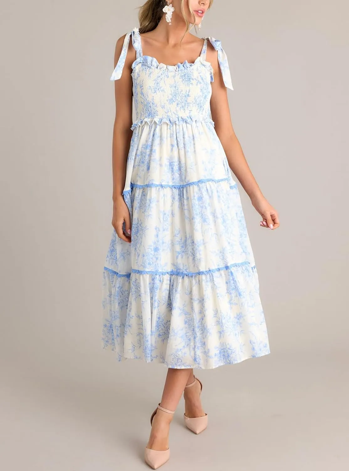 Summer Boho Tie Shoulder Dress for Women 2025 Y2k Sleeveless Floral Smocked Tiered Flowy Maxi Dress Beach Sundress