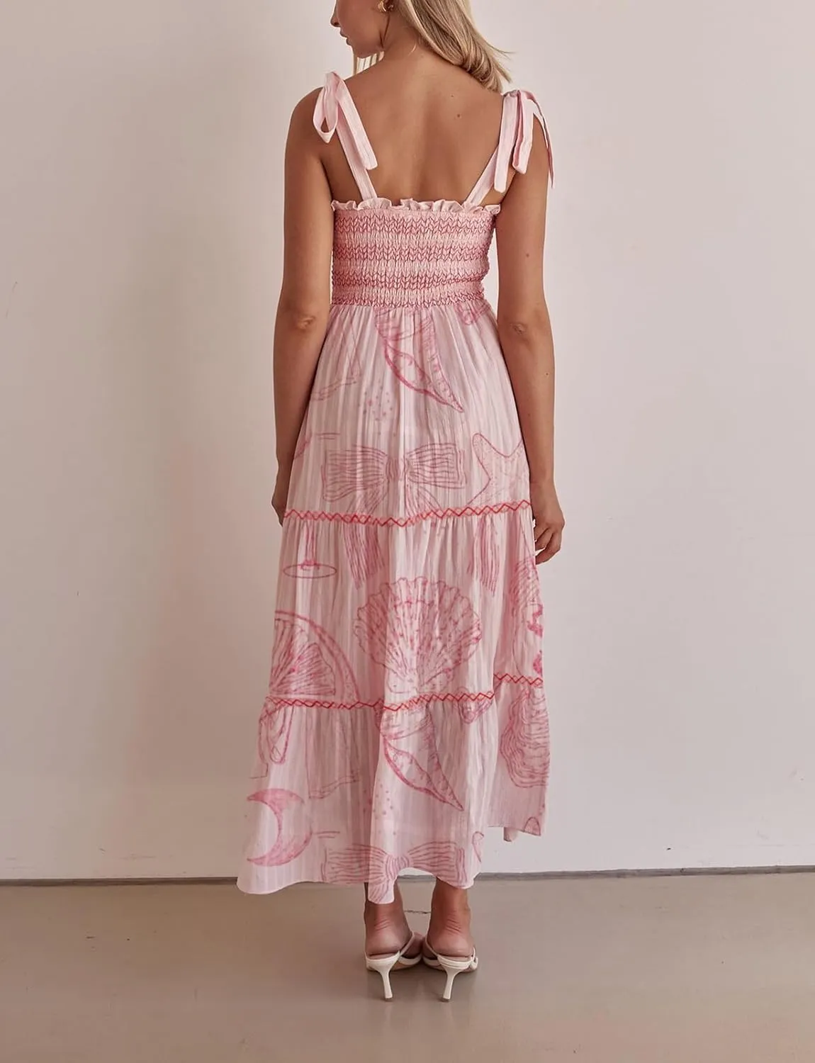 Summer Boho Tie Shoulder Dress for Women 2025 Y2k Sleeveless Floral Smocked Tiered Flowy Maxi Dress Beach Sundress