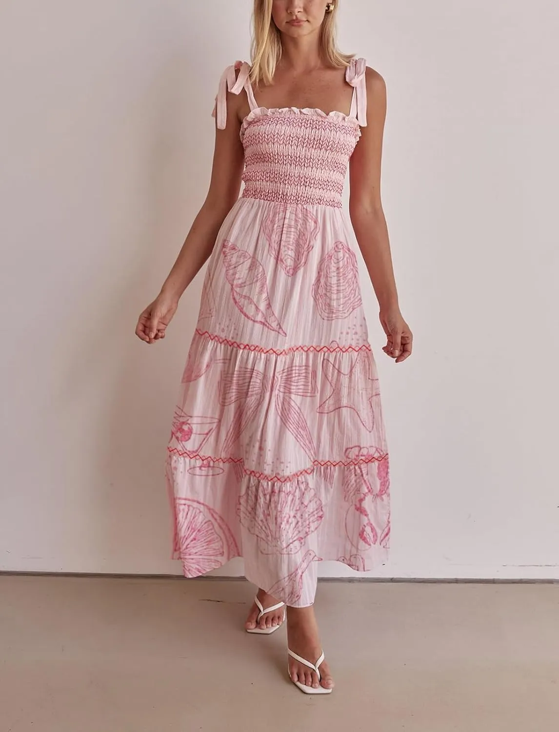 Summer Boho Tie Shoulder Dress for Women 2025 Y2k Sleeveless Floral Smocked Tiered Flowy Maxi Dress Beach Sundress