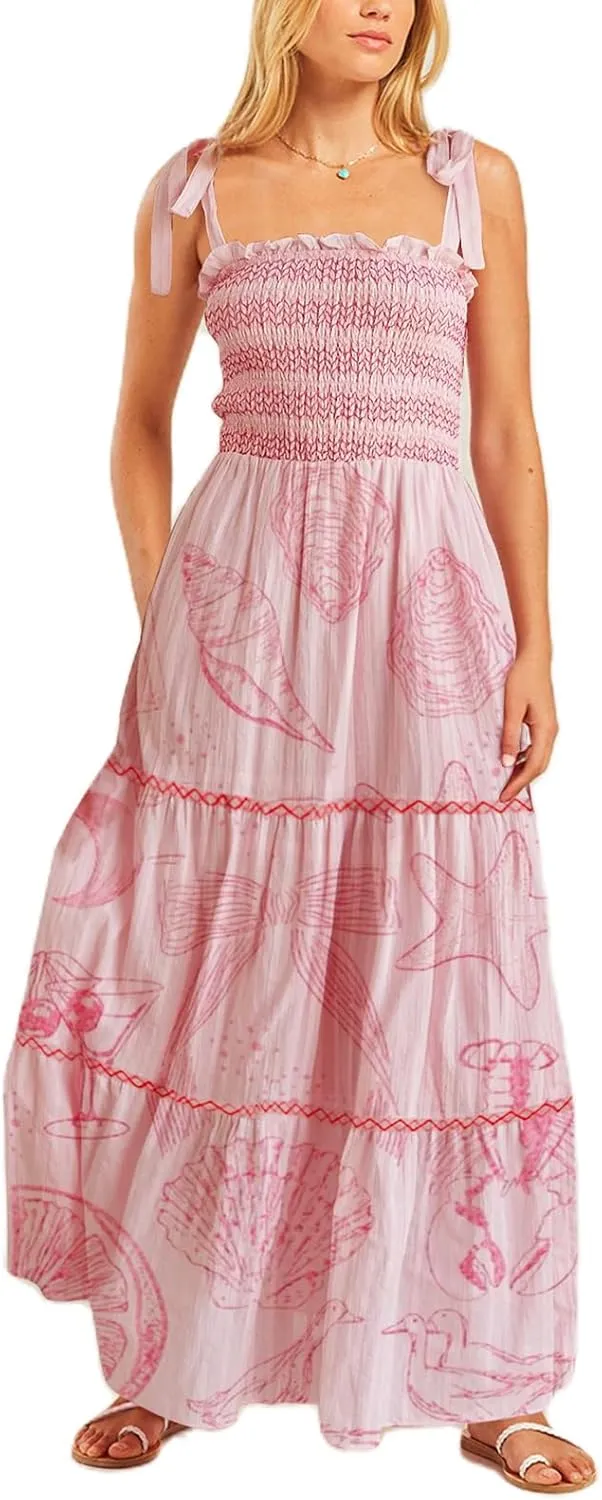 Summer Boho Tie Shoulder Dress for Women 2025 Y2k Sleeveless Floral Smocked Tiered Flowy Maxi Dress Beach Sundress