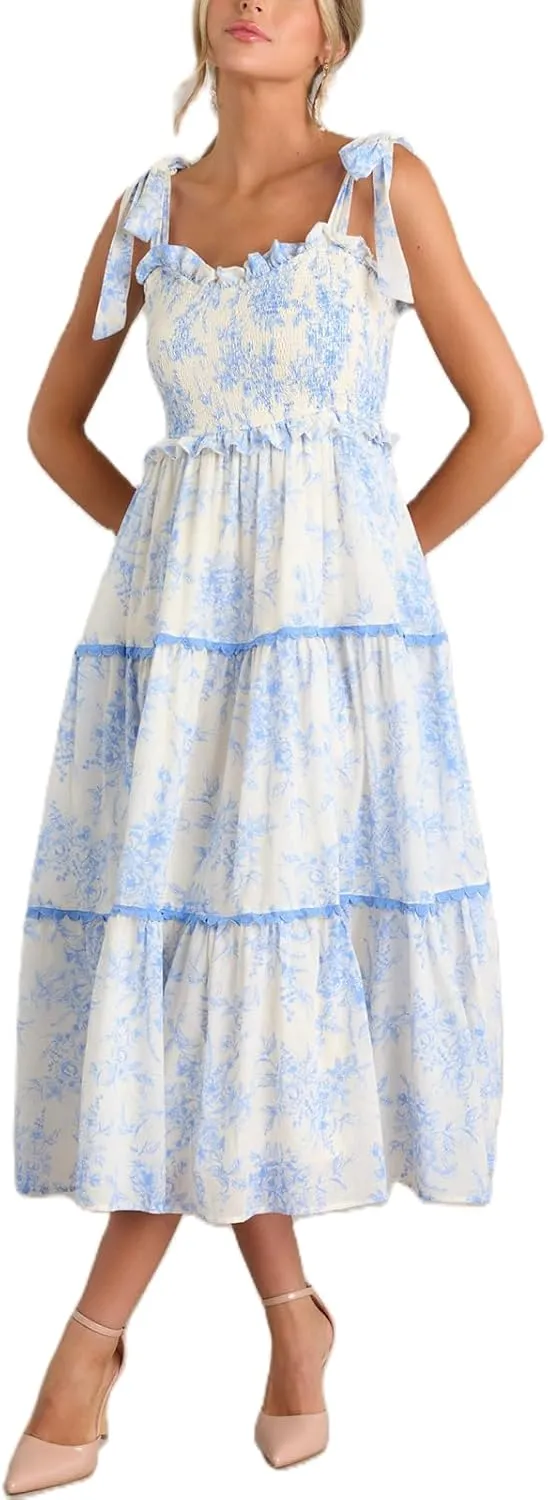 Summer Boho Tie Shoulder Dress for Women 2025 Y2k Sleeveless Floral Smocked Tiered Flowy Maxi Dress Beach Sundress