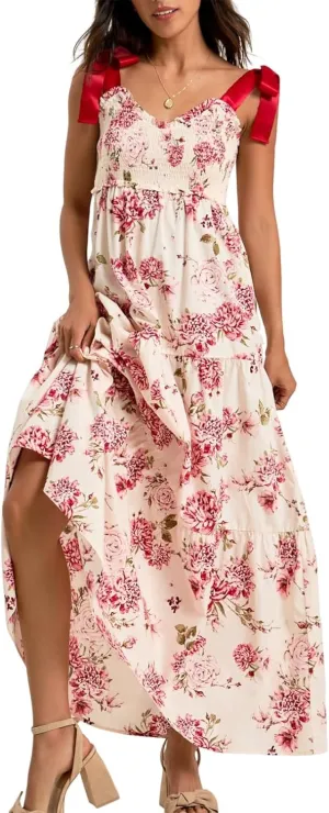 Summer Boho Tie Shoulder Dress for Women 2025 Y2k Sleeveless Floral Smocked Tiered Flowy Maxi Dress Beach Sundress