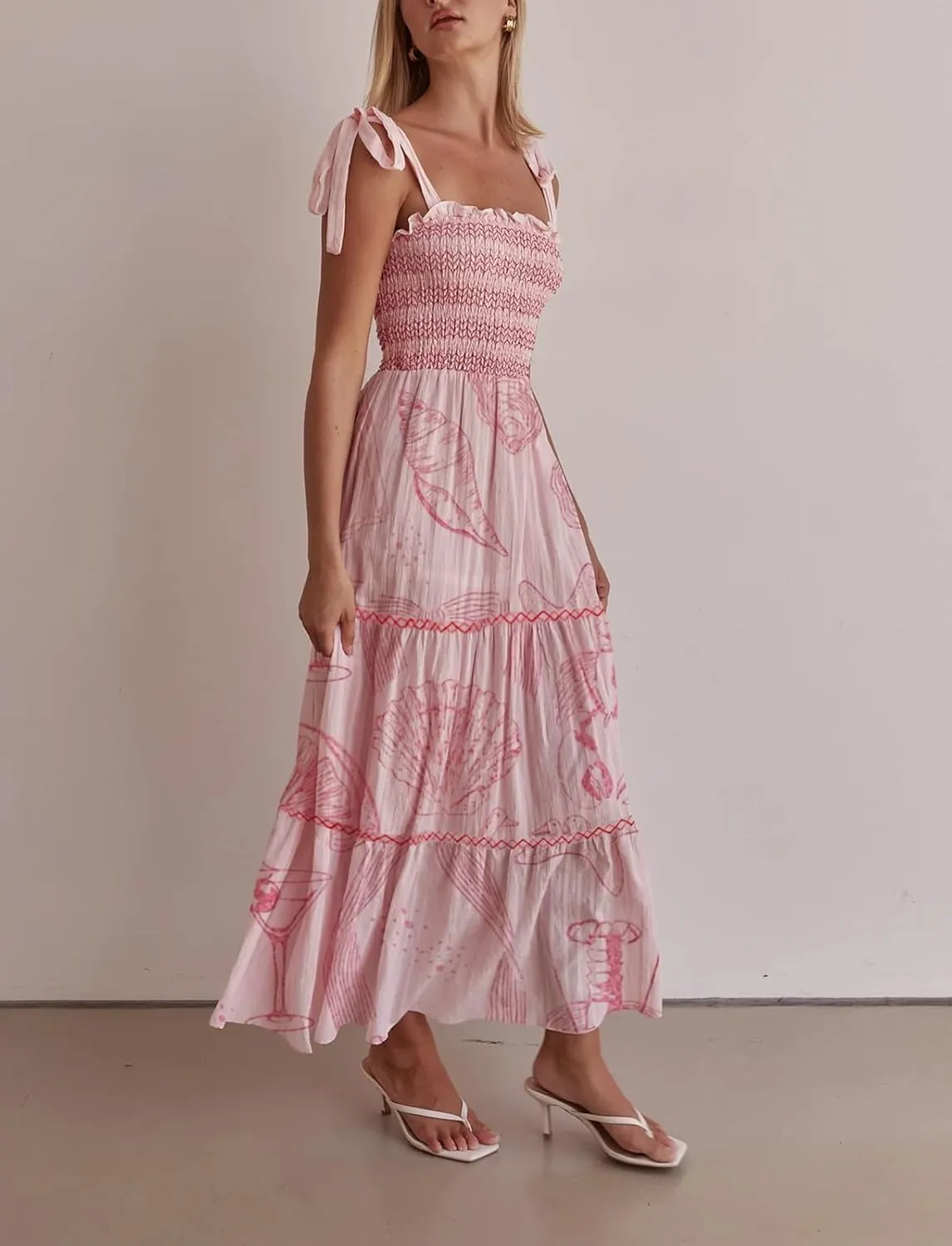 Summer Boho Tie Shoulder Dress for Women 2025 Y2k Sleeveless Floral Smocked Tiered Flowy Maxi Dress Beach Sundress