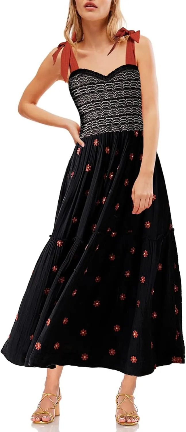 Summer Boho Tie Shoulder Dress for Women 2025 Y2k Sleeveless Floral Smocked Tiered Flowy Maxi Dress Beach Sundress