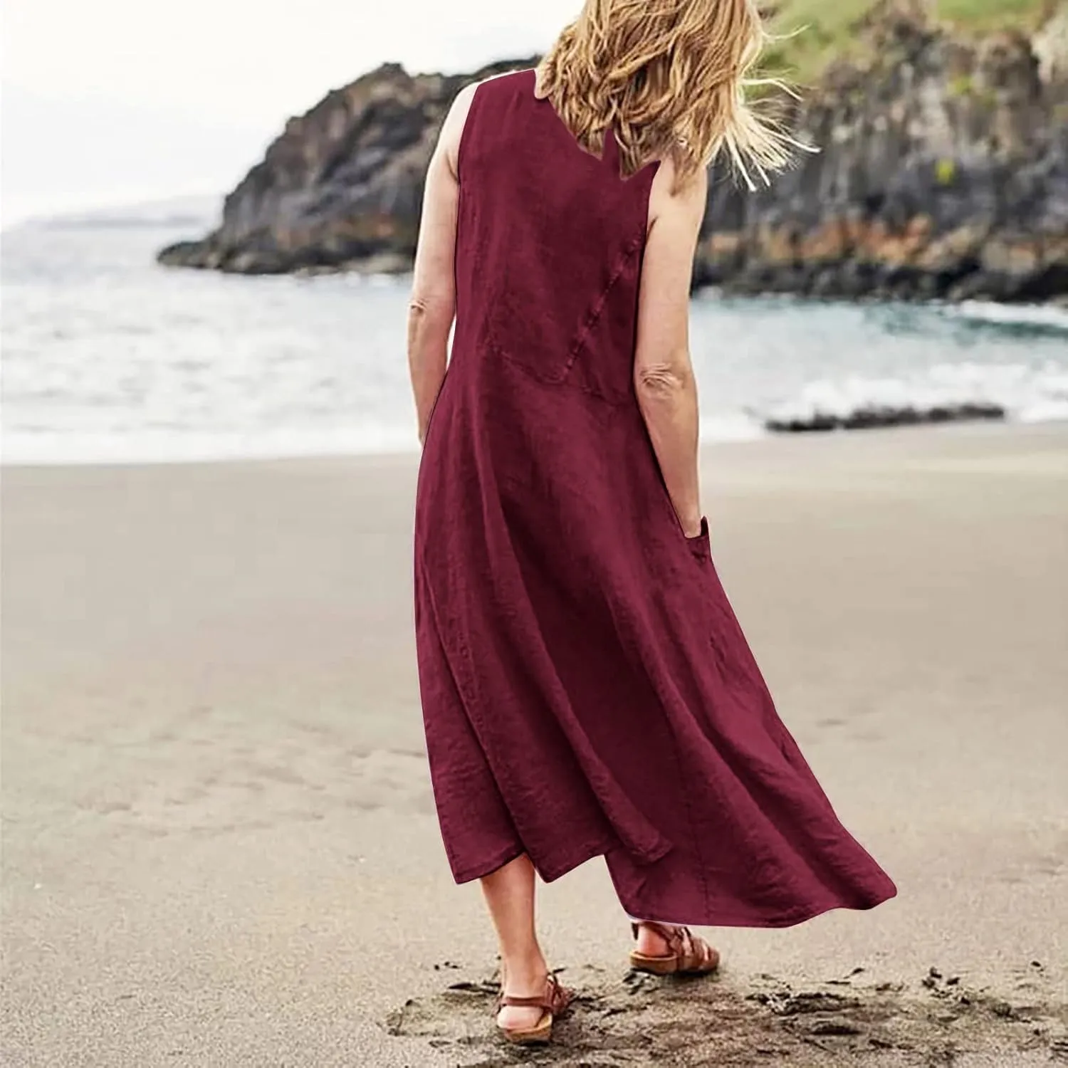Summer Dress for Women 2025 Plus Size Sundress Floral Crewneck Sleeveless Dress Cotton Linen Beach Dress with Pockets