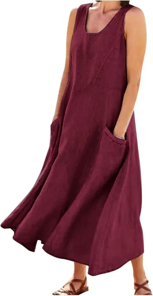 Summer Dress for Women 2025 Plus Size Sundress Floral Crewneck Sleeveless Dress Cotton Linen Beach Dress with Pockets