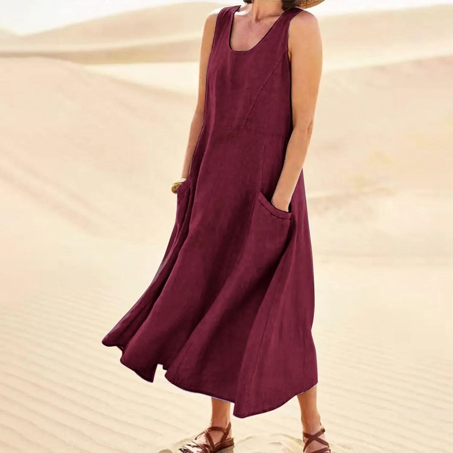 Summer Dress for Women 2025 Plus Size Sundress Floral Crewneck Sleeveless Dress Cotton Linen Beach Dress with Pockets