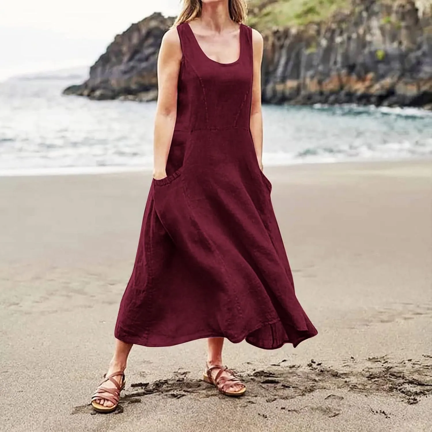 Summer Dress for Women 2025 Plus Size Sundress Floral Crewneck Sleeveless Dress Cotton Linen Beach Dress with Pockets