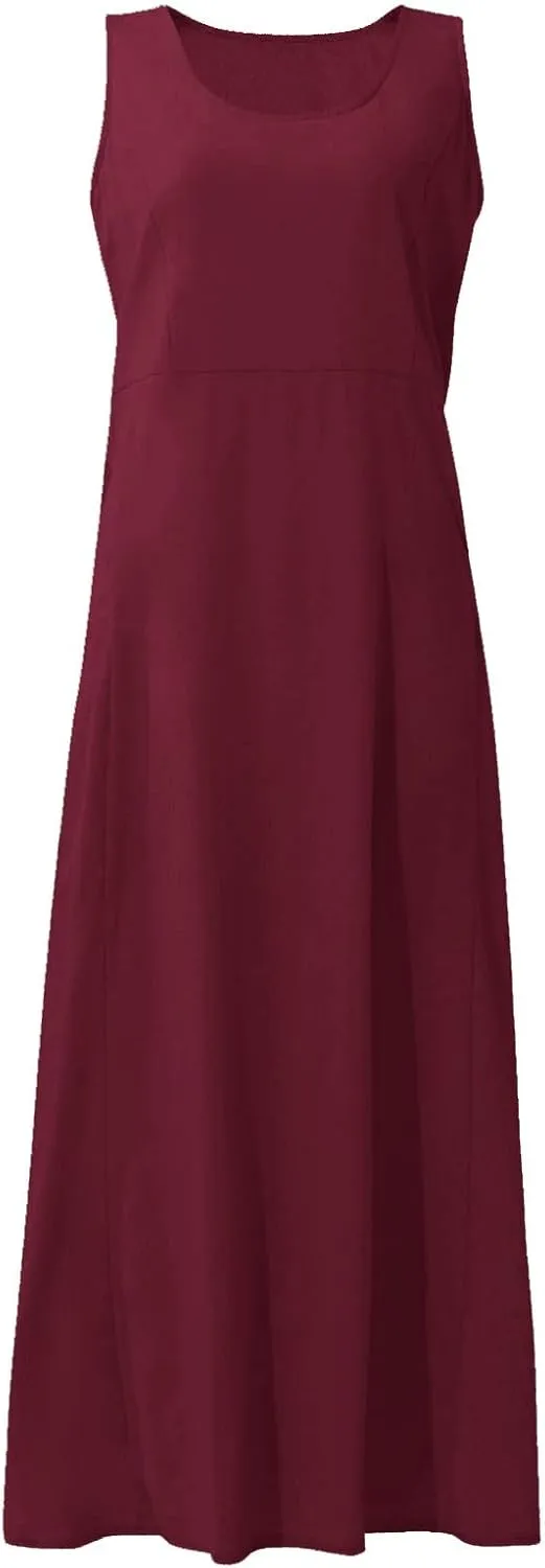 Summer Dress for Women 2025 Plus Size Sundress Floral Crewneck Sleeveless Dress Cotton Linen Beach Dress with Pockets