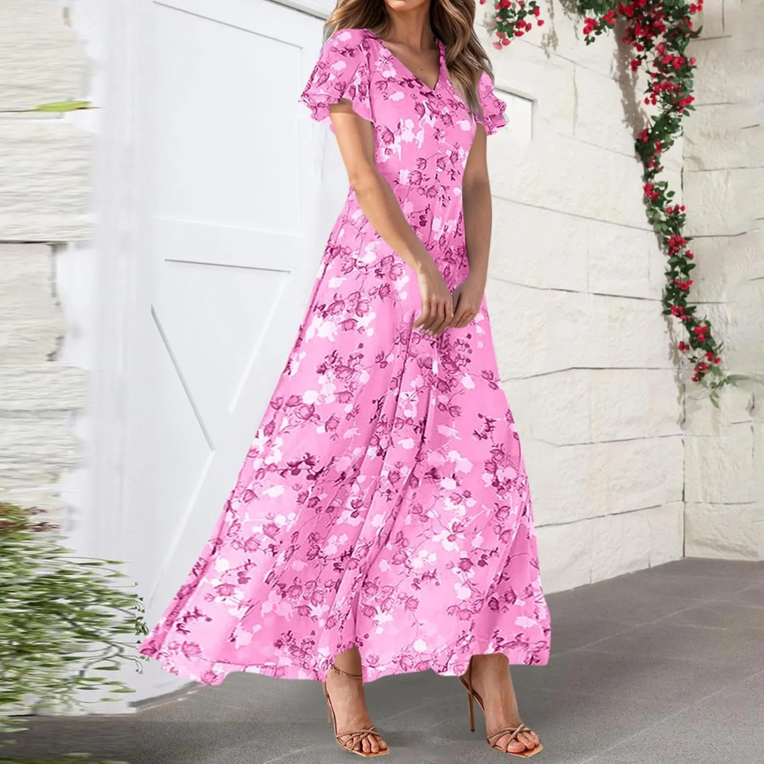 Summer Dress for Women 2025,Swing Flowy Ruffle Hem Casual Chiffon Beach Dresses