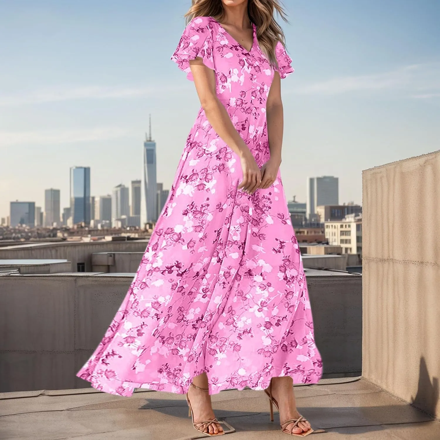 Summer Dress for Women 2025,Swing Flowy Ruffle Hem Casual Chiffon Beach Dresses