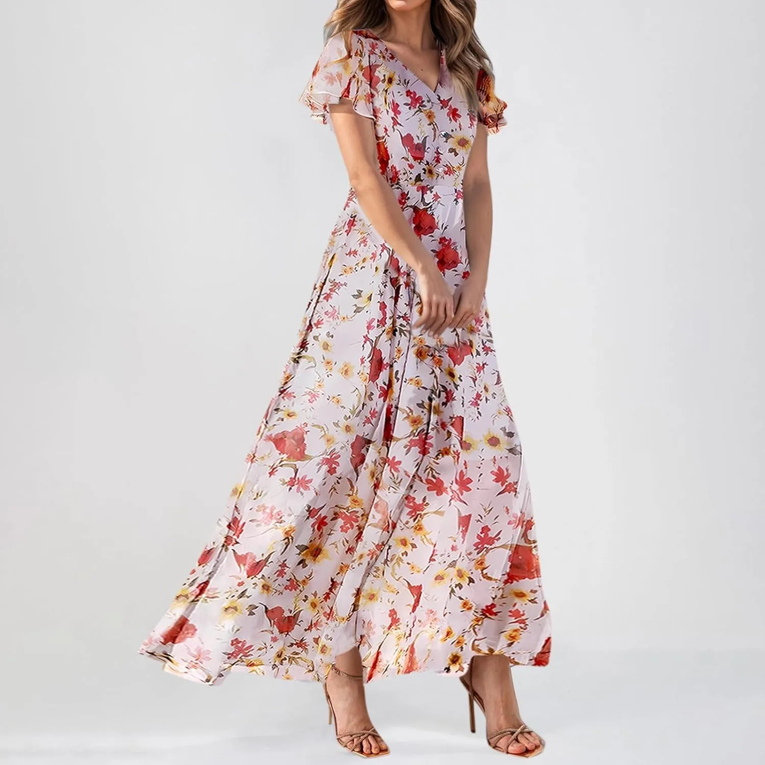 Summer Dress for Women 2025,Swing Flowy Ruffle Hem Casual Chiffon Beach Dresses